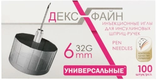 ИГЛА DEXFINE УНИВЕРС ИНЪЕКЦ ОДНОРАЗОВ ДЛЯ ИНСУЛИНОВЫХ ШПРИЦ-РУЧЕК 32G 0,23Х6ММ N100 Д