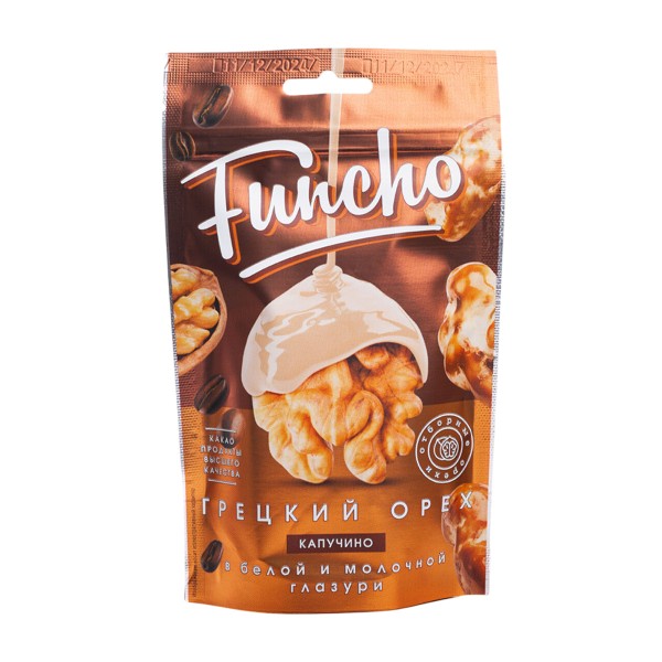 FUNCHO ДРАЖЕ ГРЕЦКИЙ ОРЕХ В БЕЛОЙ И МОЛОЧНОЙ КОНДИТЕРСКОЙ ГЛАЗУРИ С АРОМАТОМ КАПУЧИНО ДОЙ-ПАК 100Г