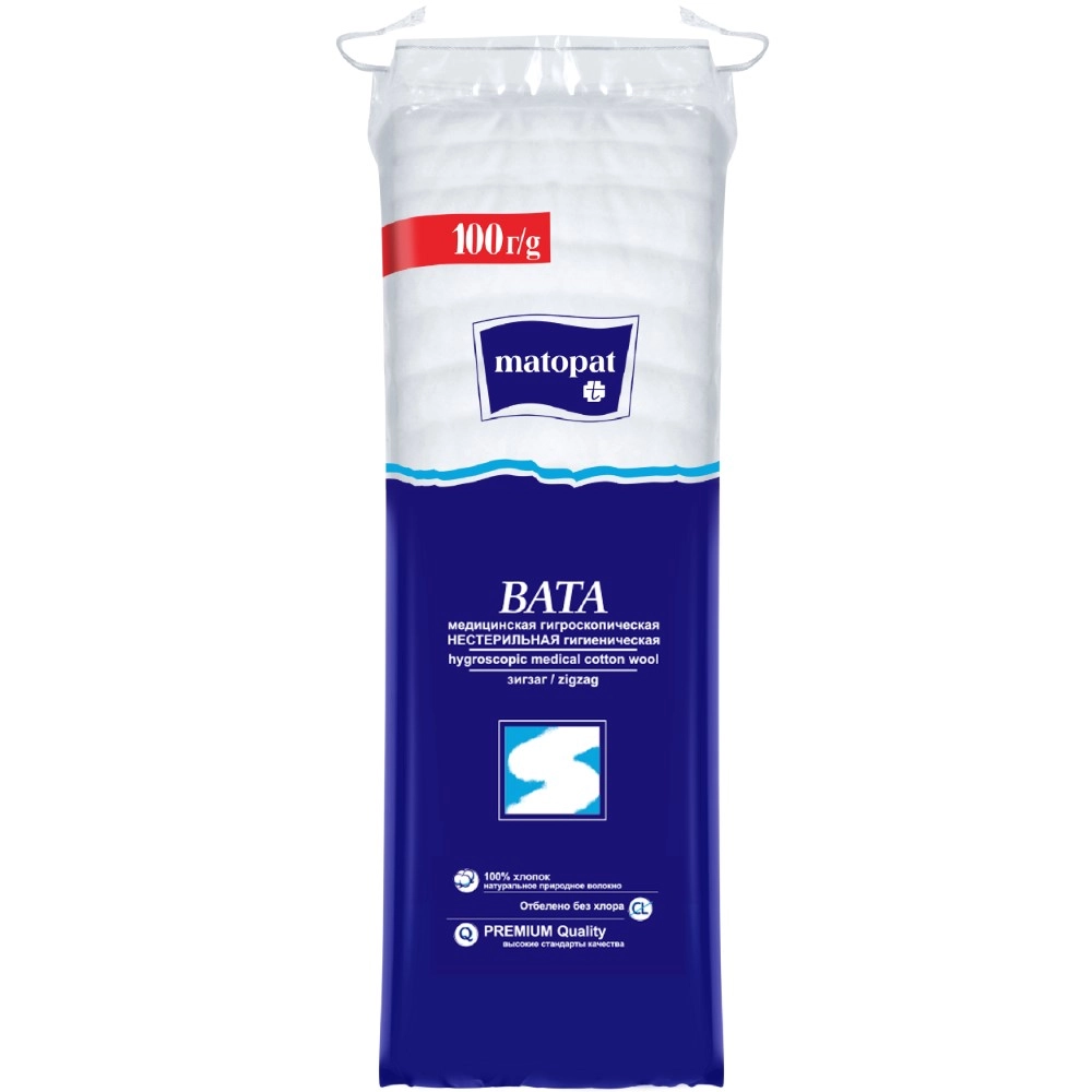 ВАТА МЕД Н/СТ ХИРУРГИЧЕСКАЯ МАТОПАТ ЗИГ-ЗАГ 100Г/БЕЛЛА/