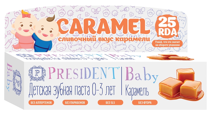 ПРЕЗИДЕНТ З/ПАСТА БЕБИ 0-3ЛЕТ КАРАМЕЛЬ БЕЗ ФТОРА 30Г
