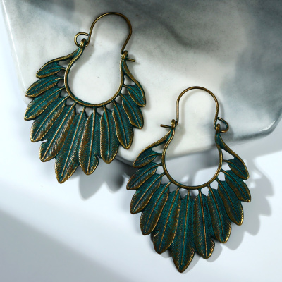 СЕРЬГИ МЕТАЛЛ ВОСТОК ПЕРЬЯ ЦВЕТ ЗЕЛЕНО-ЗОЛОТОЙ 7141759 фото в интернет-аптеке Склад Лекарств