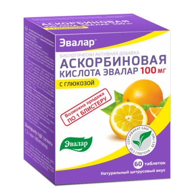 АСКОРБИНОВАЯ КИСЛОТА 100МГ ТАБ МАССОЙ 1,3Г №60/ЭВАЛАР/ фото в интернет-аптеке Склад Лекарств