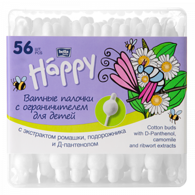 БЕЛЛА ХЕППИ ПАЛОЧКИ ВАТНЫЕ РОМАШКА ПОДОРОЖНИК Д-ПАНТЕНОЛ №56 фото в интернет-аптеке Склад Лекарств