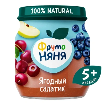 ФРУТОНЯНЯ ПЮРЕ ЯГОДНЫЙ САЛАТИК ЯБЛОКО/ЧЕРНИКА/ВИШНЯ СТЕКЛО 100Г фото в интернет-аптеке Склад Лекарств