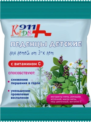 911 КИДС ЛЕДЕНЦЫ ДЕТСКИЕ С ЭКСТРАКТАМИ ЛИПЫ РОМАШКИ АПТЕЧНОЙ МЕДОМ И ВИТАМИНОМ С 50Г фото в интернет-аптеке Склад Лекарств