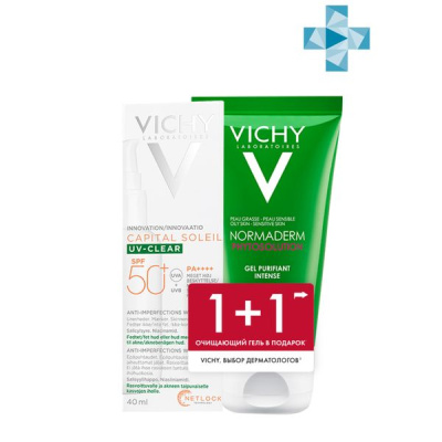 ВИШИ НАБОР: КС ФЛЮИД UV- CLEAR Д/ЛИЦА ПРОТИВ НЕСОВЕРШ SPF 50+40МЛ+ НОРМАДЕРМ ФИТОСОЛЮШН ГЕЛЬ ОЧИЩ 50МЛ фото в интернет-аптеке Склад Лекарств