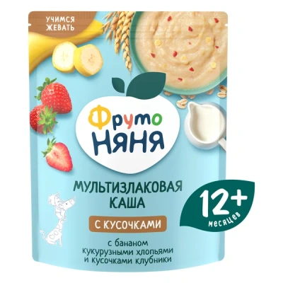 ФРУТОНЯНЯ КАША МУЛЬТИЗЛАКОВАЯ МОЛ БАНАН КУКУР ХЛОПЬЯ КУСОЧКИ КЛУБНИКИ 200Г фото в интернет-аптеке Склад Лекарств