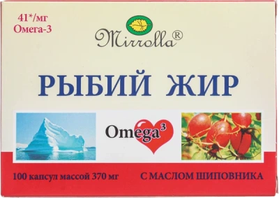 РЫБИЙ ЖИР ОМЕГА-3 КАПС С МАСЛОМ ШИПОВНИКА 370МГ №100/МИРРОЛЛА/ фото в интернет-аптеке Склад Лекарств
