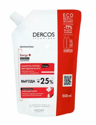 ВИШИ DERCOS ENERGY+ ШАМПУНЬ ПРОТИВ ВЫПАДЕНИЯ ВОЛОС ECO-REFILL СМЕННЫЙ БЛОК 500МЛ фото в интернет-аптеке Склад Лекарств
